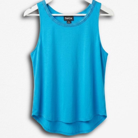 Surya Tops - Surya Womens‎ Turquoise Blue Knit Tank Top Braided Neckline High Low Hem Medium